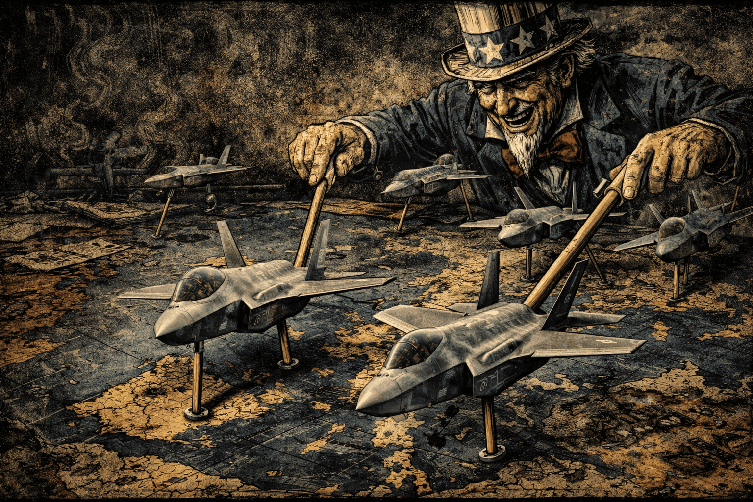 Uncle Sam sliding model f35 jets around a map of Europe