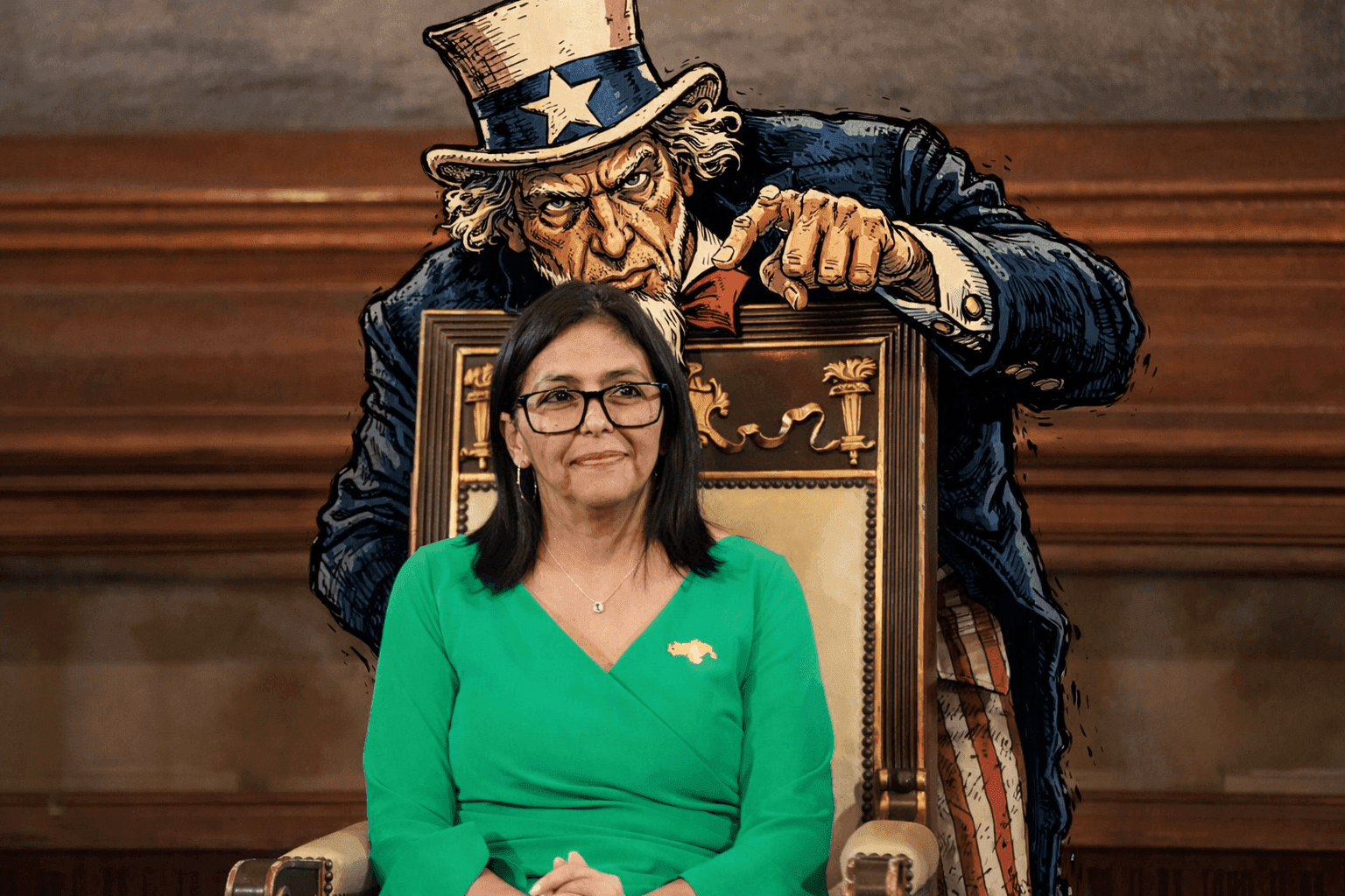 Uncle Sam leans over a Delcy Rodriguez directing her government.