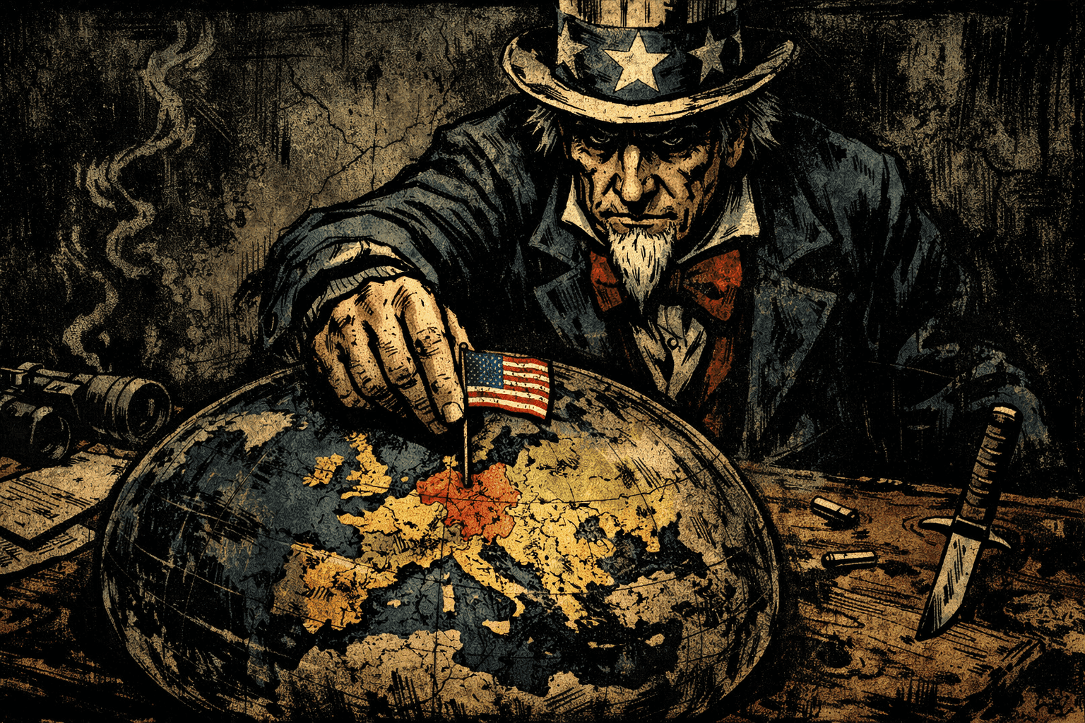 Uncle Sam planting a flag in Europe