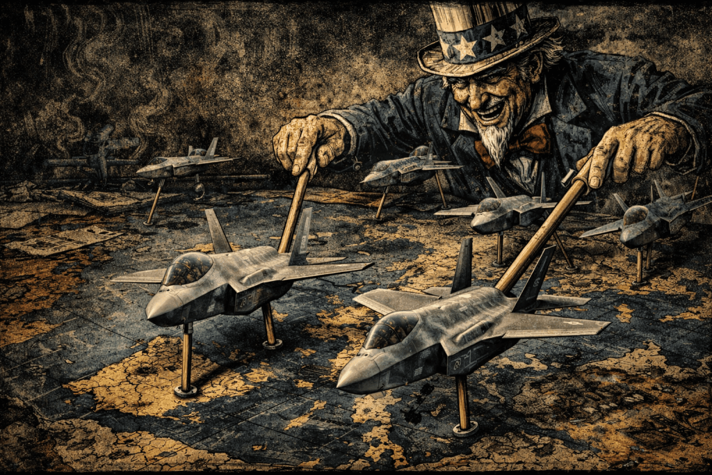 Uncle Sam sliding model f35 jets around a map of Europe